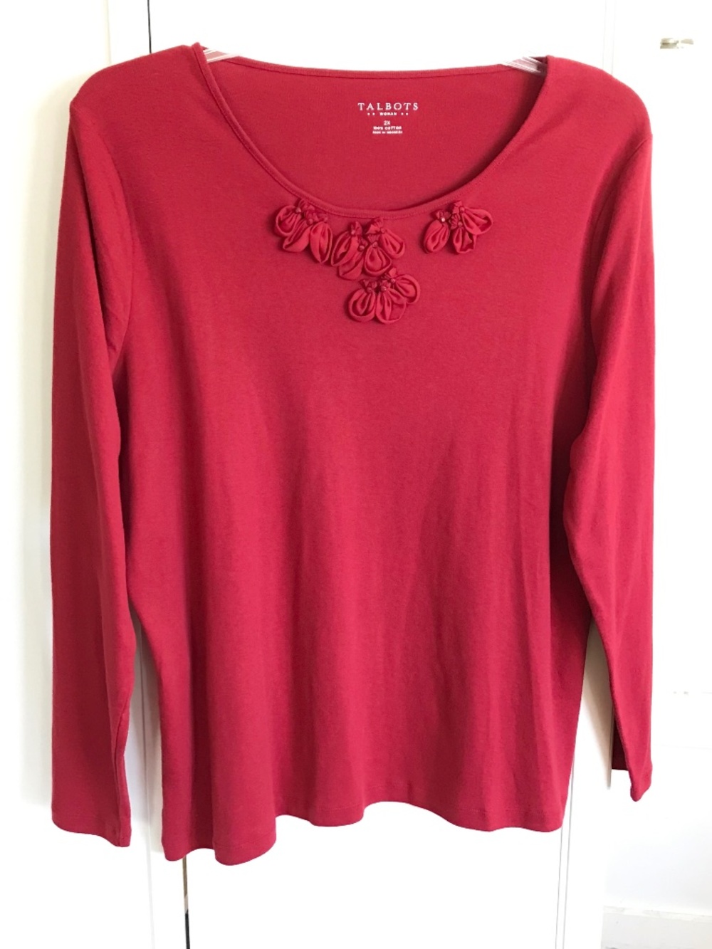 TALBOTS Red Cotton Long Sleeve Round Neck Floral Appliqués Top Plus Size 2X